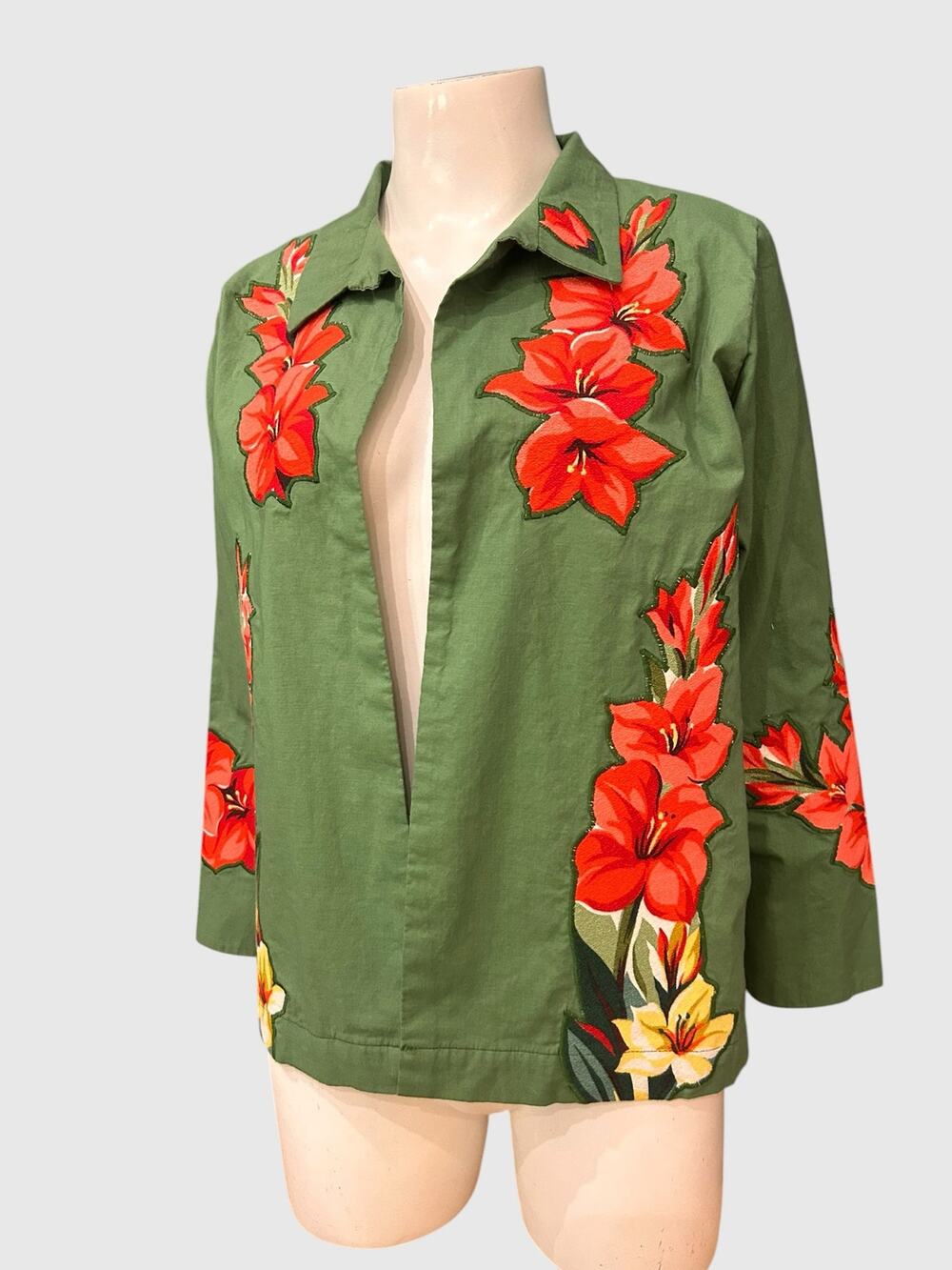 Vintage 40s 50s Hawaiian Barkcloth Applique Shirt Jacket Floral Handmade M -